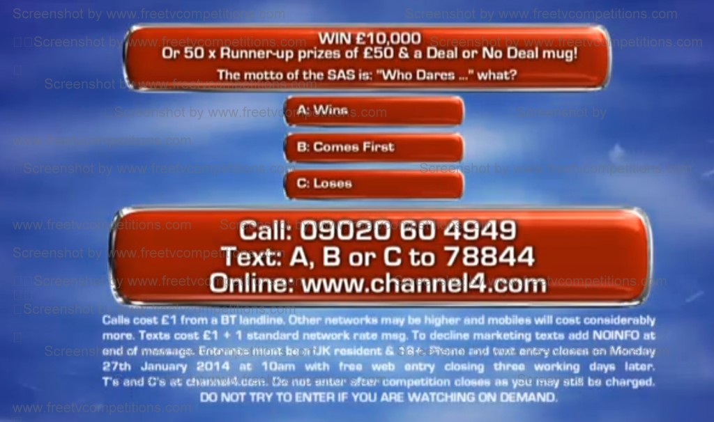 Deal or No Deal competition question - Channel 4 screen shot.